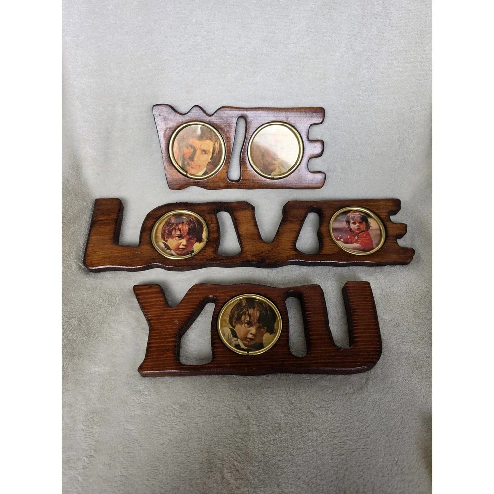 Vintage 70s We Love You Wood Wall Hanging Photo Frame Set 3 Piece Rustic Boho